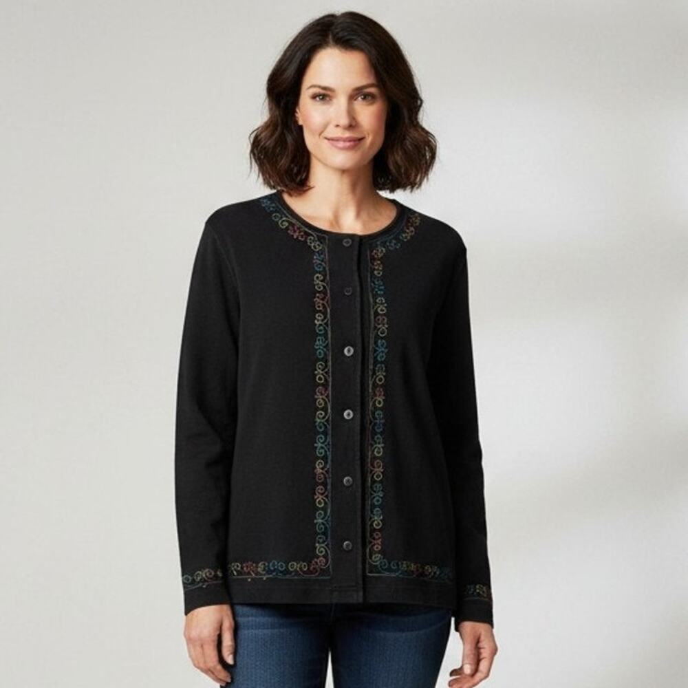 Vintage Bechamel Rainbow Floral Embroidery Cardigan Sweater Women's Large Black